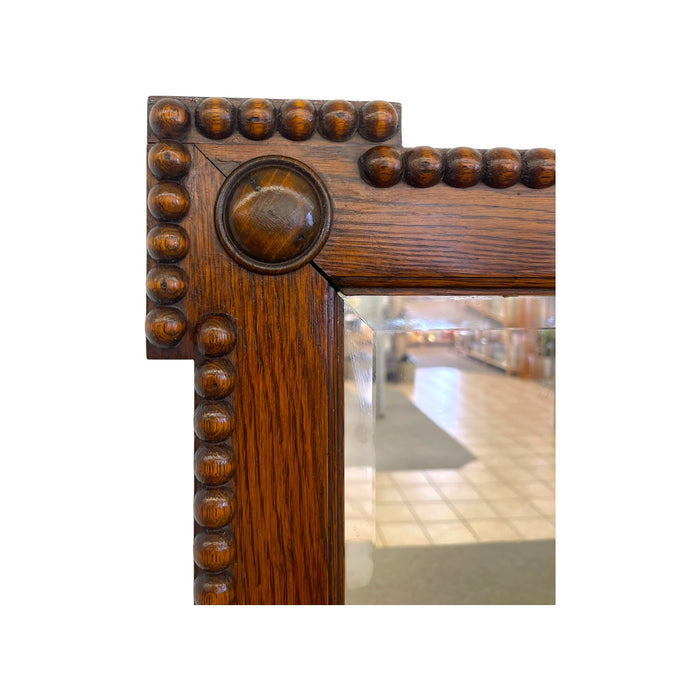 Antique Bobbin Turned Oak Wall Mirror – Arts and Crafts Style Spool Beaded Wood Frame with Beveled Glass