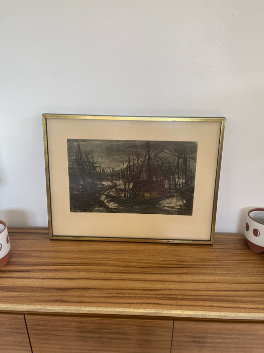 Vintage Signed and Framed Etching Print by Suzanne Rauacher of Abstract Sailboats.