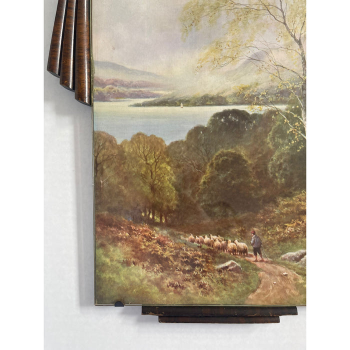 Peaceful Sheep Herding  is Scene within Art Deco FramePossibly 30s with Vintage Hardware  Dimensions 13 W ; 1 D ; 18 1/2 H