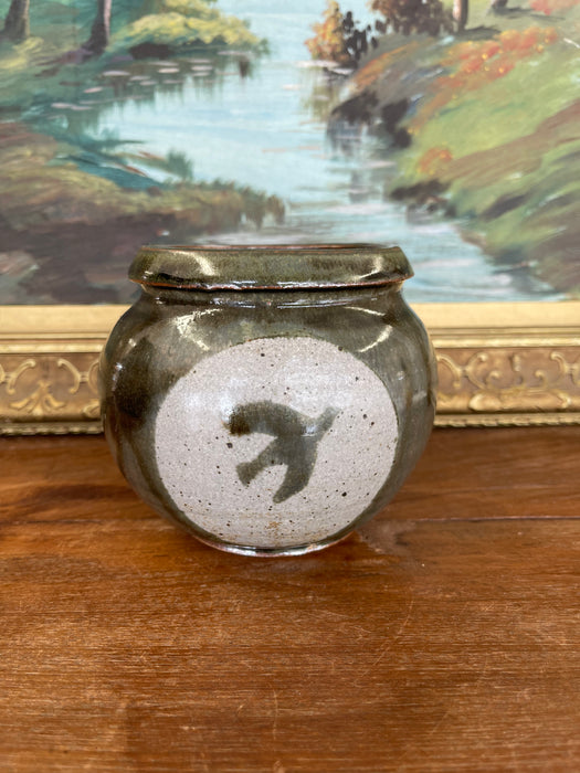 Vintage Studio Pottery Jar with Glazed Bird Silhouette and Earthy Green Finish