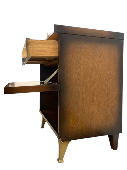 Vintage Mid-Century Modern Drop-Front Nightstand / Bedside Cabinet with Interior Drawer and Brass-Toned Legs