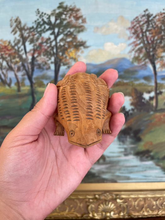 Hand-Carved Mid-20th Century Wooden Frog Sculpture with Incised Detailing