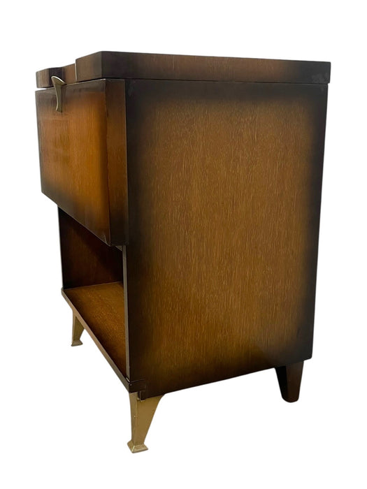 Vintage Mid-Century Modern Drop-Front Nightstand / Bedside Cabinet with Interior Drawer and Brass-Toned Legs