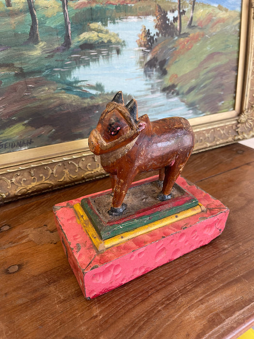 Likely Antique Hand-Carved Wooden Cow Figurine on Painted Base - Folk Art Sculpture