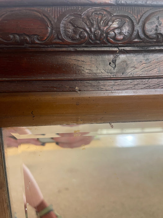 Victorian 1890s UK import Carved Oak Wall Mirror with Beveled Glass and Hanging Chain