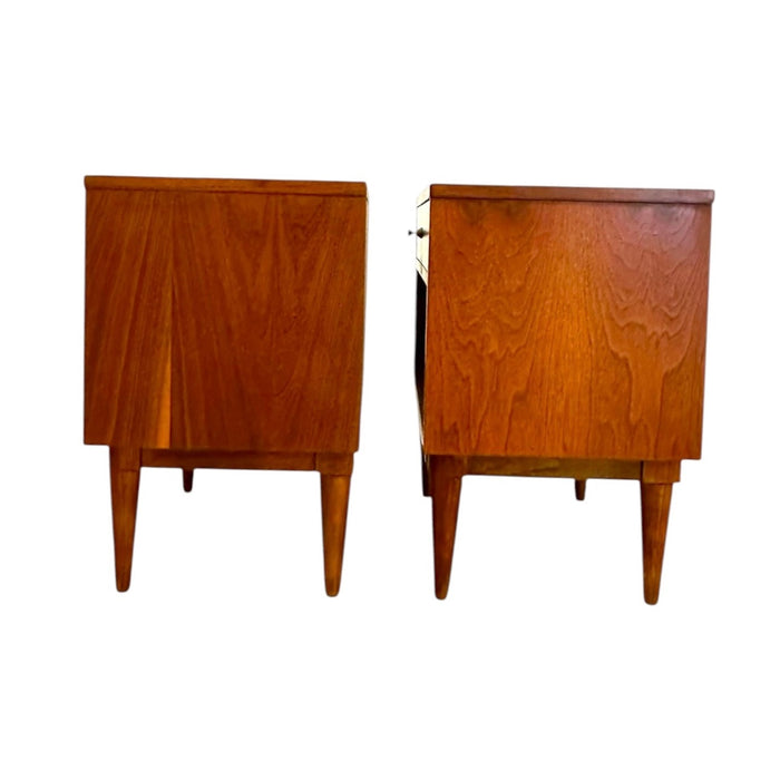 Vintage Mid-Century Modern End Table Set With Diamond Parquet Accent Inlay and Dovetailed Drawers
