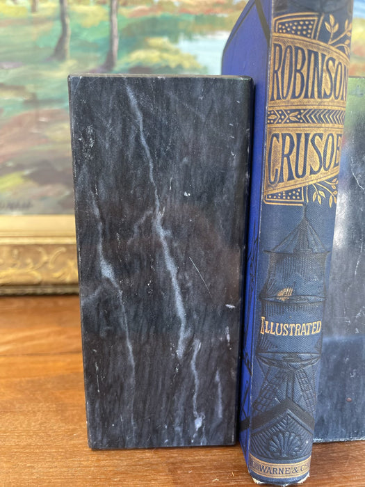 Vintage Black Likely Marble Bookends - Solid Rectangular Pair with White Veining, Mid-20th Century