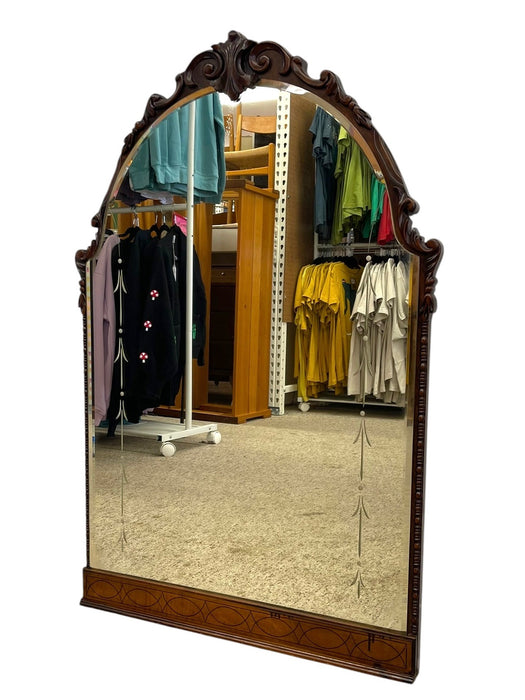 Vintage Carved Wood Arched Wall Mirror with Etched Glass Panels