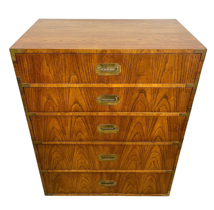 Vintage Campaign Style Five Drawer Dresser by Dixie with Brass-Toned Hardware and Dovetailed Drawers