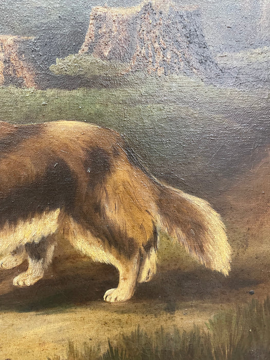 Antique Framed Oil Painting of Two Collie Dogs in Woodland Landscape, Traditional Canine Portrait Possibly 1890s