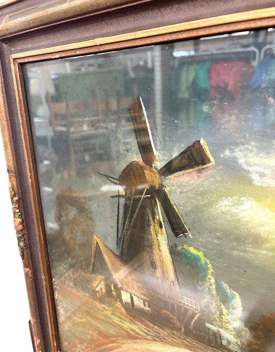 Vintage Framed Moonlit Windmill Landscape Painting with Coastal Harbor Scene