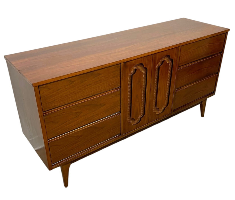 Vintage Mid Century Modern Walnut Toned Credenza with Cane Door Front and Dovetailed Drawers