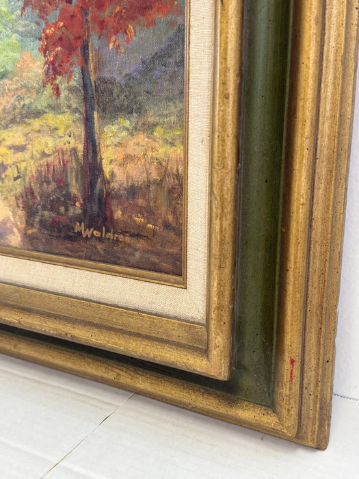 Signed Vintage Framed Scenic Landscape Oil Painting featuring Trees, Mountain Path, Rustic Wall Art, Mid Century Modern Style Original Nature Artwork