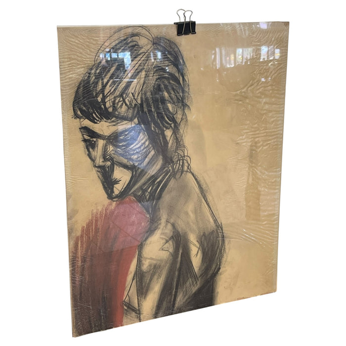 Vintage Charcoal Portrait Drawing of a Woman on Paper, Modern Figurative Artwork