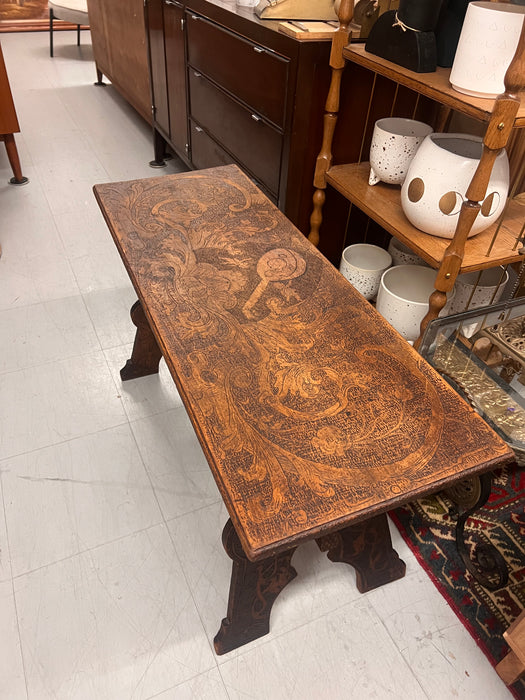 Antique Pyrography Trestle Wood Folk Art Decorative Bench or Accent Entryway Table UK Import