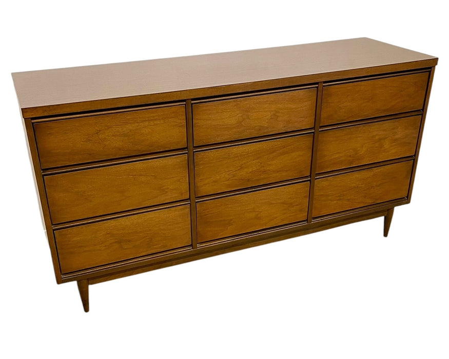 Mid Century Modern 9 Drawer Lowboy Dresser with Dovetail Drawers and Tapered Legs