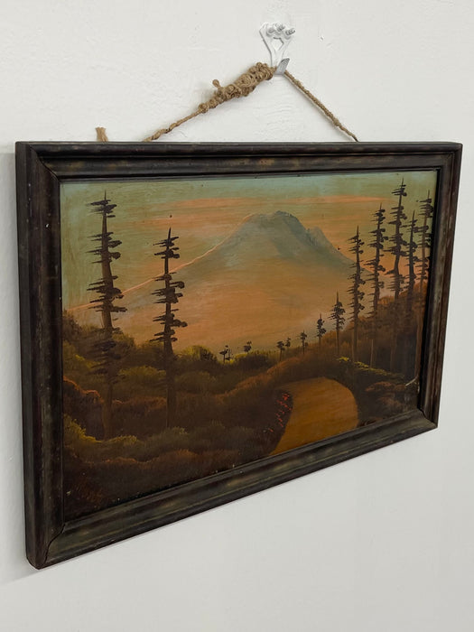 Vintage Framed Landscape Painting of Mountain Path at Sunset, Signed, Folk Art Style