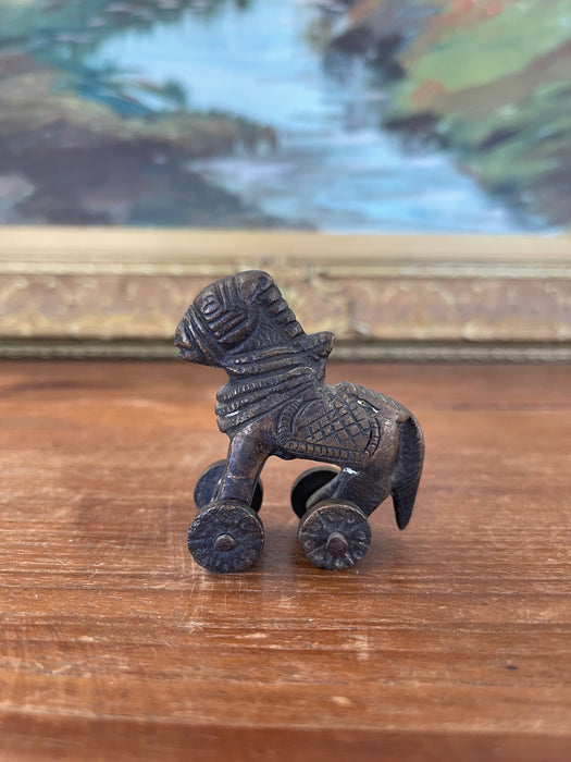 Likely Antique Bronze Toned Toy Horse on Wheels, Tribal Folk Art Figurine from India