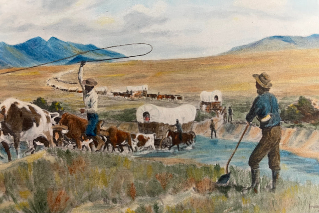 Vintage Western Pioneer Wagon Train Landscape Painting, Signed, Oregon Trail
Americana