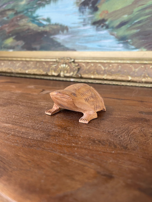 Hand-Carved Mid-20th Century Wooden Frog Sculpture with Incised Detailing