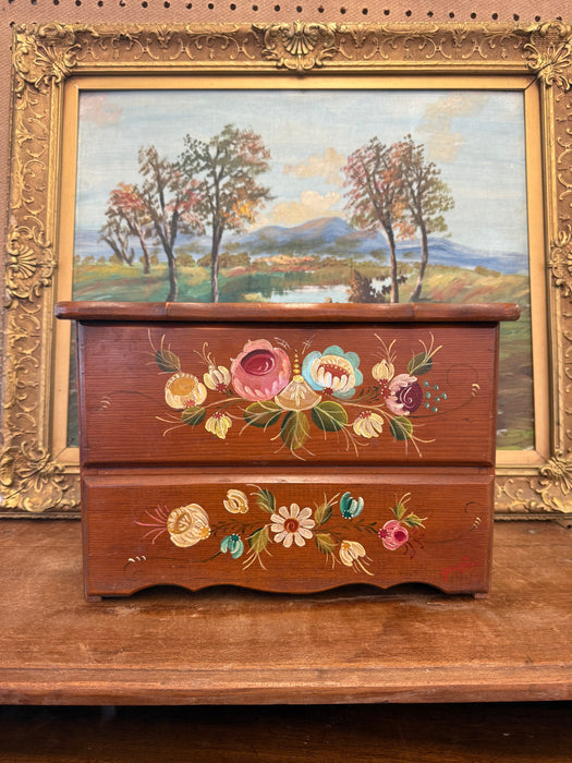 Vintage Hand-Painted Wooden Jewelry Trinket Box - Folk Art Style Floral Organizer Primitive Storage Chest