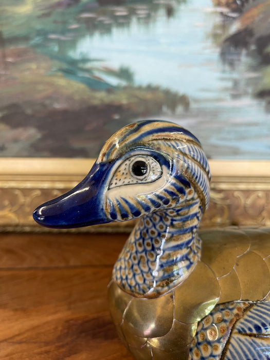 Vintage Chinese Cloisonné and Ceramic Duck Figurine with Hand-Painted Detailing