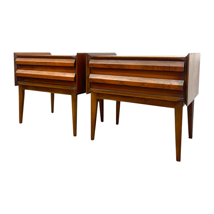Vintage Lane First Edition Mid Century Modern Walnut Nightstand End Table Set by Lane Furniture.