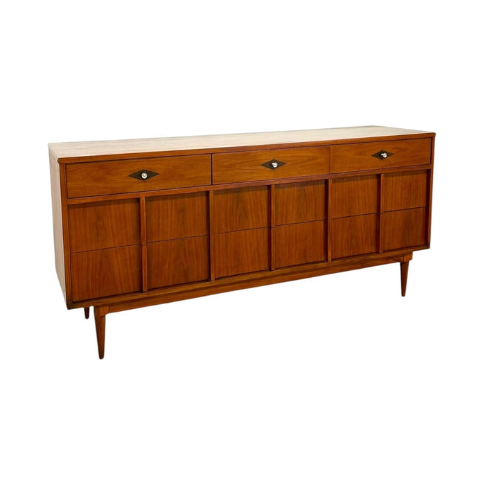 Vintage Mid-Century Modern 9 Drawer Dresser With Diamond Parquet Accent Inlay and Dovetailed Drawers