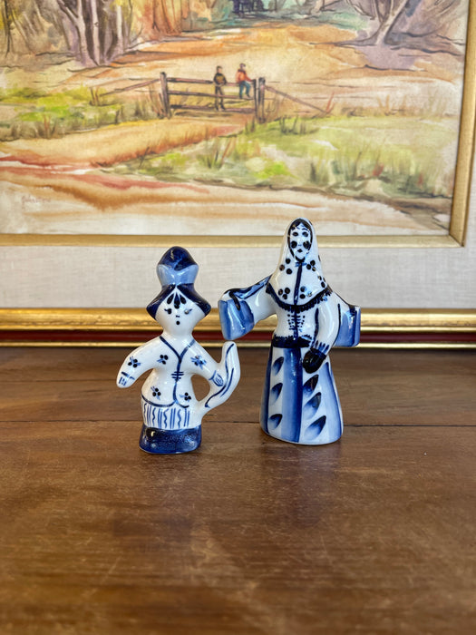 Vintage Blue and White Porcelain Figurine Pair, Hand-Painted Folk Figures