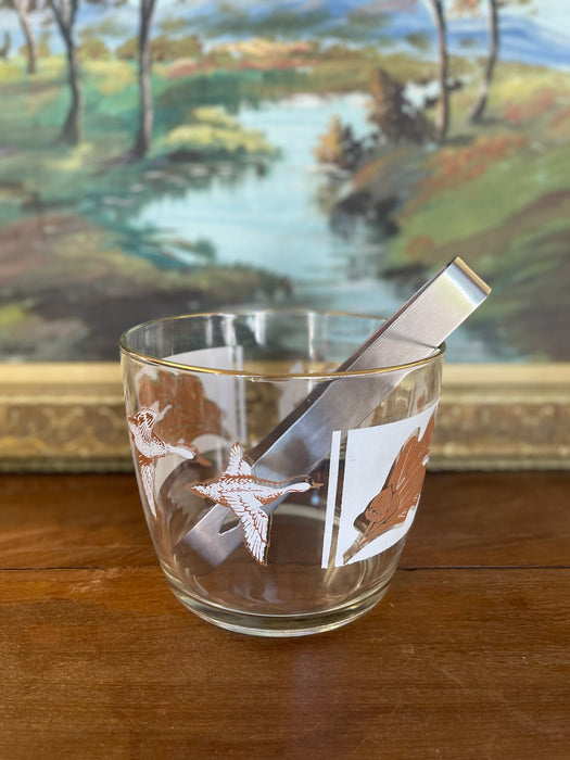 Mid-Century Ice Bucket with Ducks in Flight and Oak Leaf Motif, Gold Rim, and Stainless Steel Tongs - 1960s Sporting Barware.