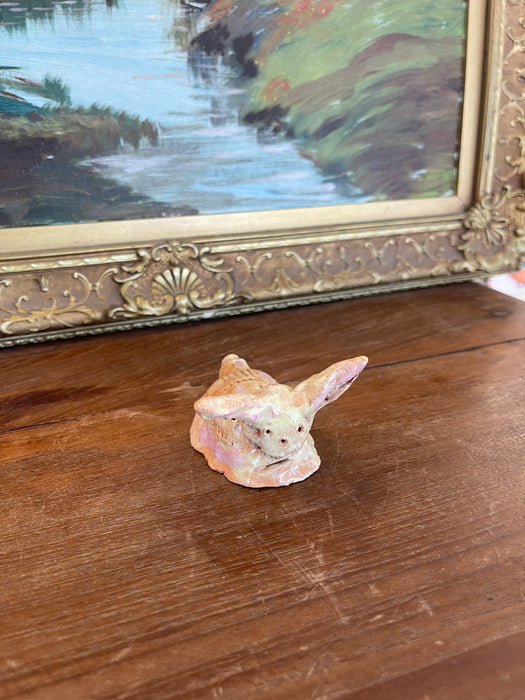 Whimsical Hand-Built Ceramic Creature Sculpture with Long Ears and Textured Colorful Glaze