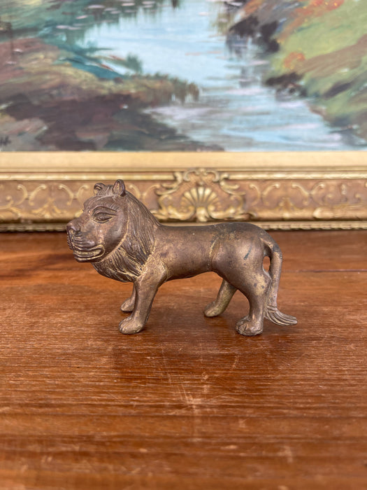Likely Antique Possibly Hand-Cast Bronze Toned Lion Figurine with Folk Art Styling