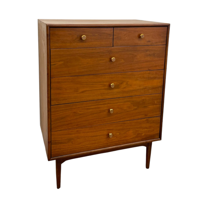 Mid-Century Modern Drexel Declaration Walnut Tallboy Dresser by Kipp Stewart – 6-Drawer MCM Chest