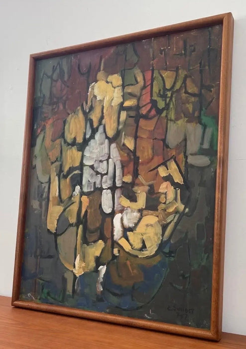 Vintage Mid-Century Modern Abstract Floral Painting by E. Sundt, Signed '57