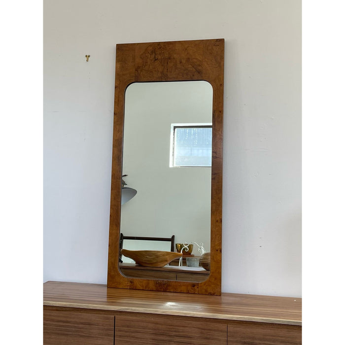 Vintage Milo Baughman Style Burl Wood Framed Wall Mirror by Lane.