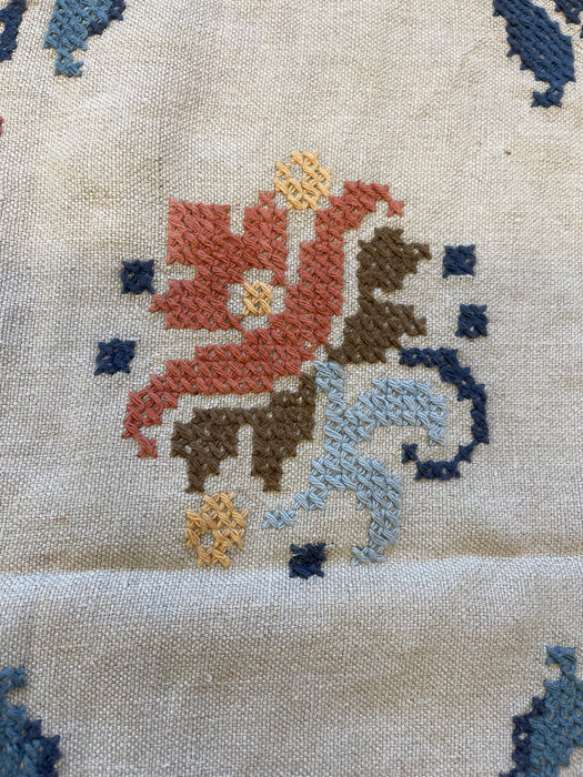 Vintage Hand-Embroidered Possibly Wool and Linen Floral Folk Art Rug with Geometric Border