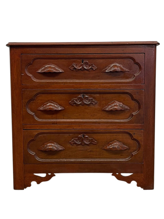 French Provincial Style Three-Drawer Chest with Carved Leaf Motifs and Dovetail Joinery