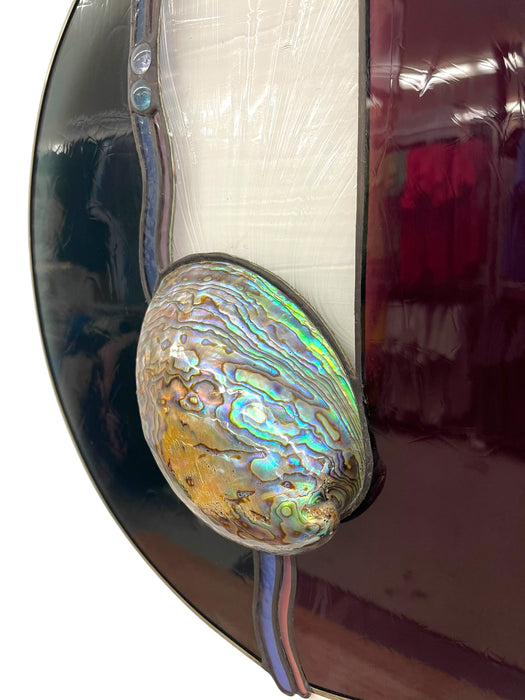 Vintage Signed Stained Glass Round Panel with Abalone Shell, Hanging Wall Art Suncatcher