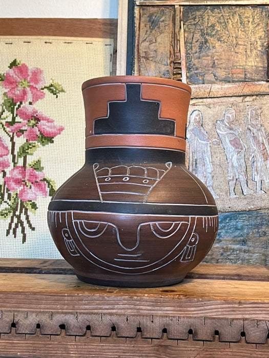 Vintage Leopoldo de Mexico Aztec Mayan Red Clay pottery folk art Vase ( Available by Online Purchase Only)