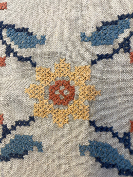 Vintage Hand-Embroidered Possibly Wool and Linen Floral Folk Art Rug with Geometric Border