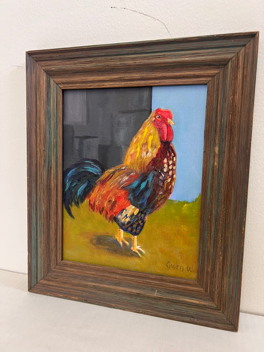 Vintage Folk Art Impressionist Style Painting of a Rooster in a Rustic Wooden Frame