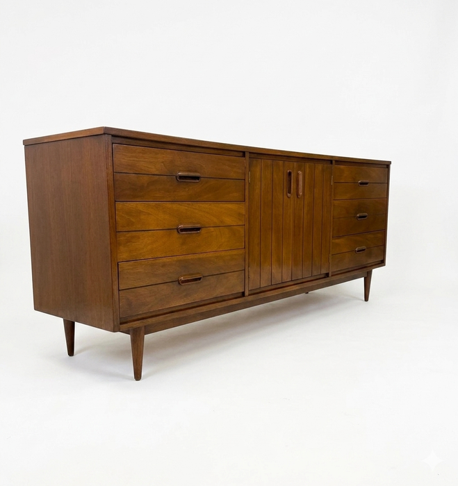 Vintage Mid Century Modern Walnut 9-Drawer Triple Dresser Dovetailed Drawers