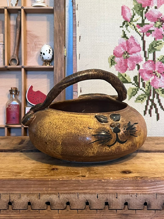 Vintage Handmade and signed Cat Bowl with handle.