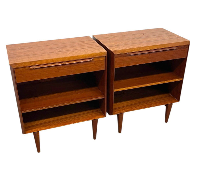 Vintage Danish Mid-Century Modern Teak Nightstands or Bedside Tables with Drawer and Adjustable Open Shelves - Pair