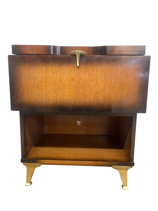 Vintage Mid-Century Modern Drop-Front Nightstand / Bedside Cabinet with Interior Drawer and Brass-Toned Legs