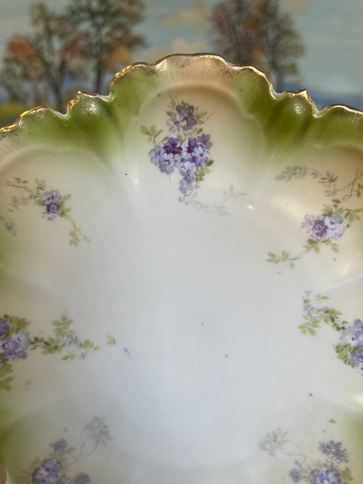 Hand-Painted Cabinet Plate with Green and Gold Toned Ombre Border and
Purple Floral Sprays