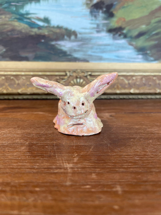 Whimsical Hand-Built Ceramic Creature Sculpture with Long Ears and Textured Colorful Glaze
