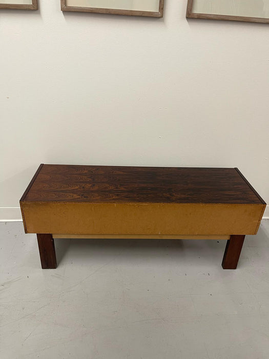 Imported Vintage Danish Modern Rosewood Low Console Coffee Table With Wood Inlay.