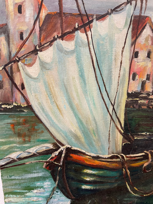 Vintage Impressionist Harbor Scene Painting on Canvas Board, Signed Ferguson, Coastal Sailboat Seascape