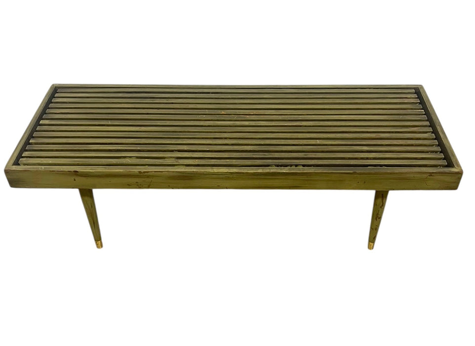 Vintage Mid Century Modern Slatted Wood Bench with Tapered Legs and Brass-Toned Caps